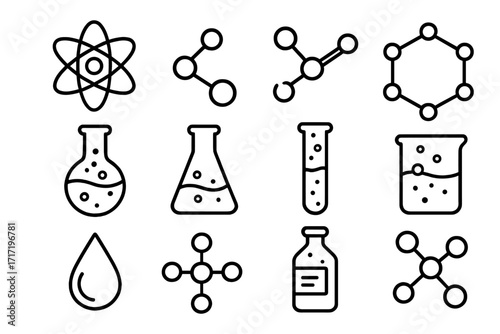 Simple linear chemistry icons set with atom symbols, molecular structures, laboratory flasks, test tubes, chemical compounds, liquid drop, and science bottles for design projects