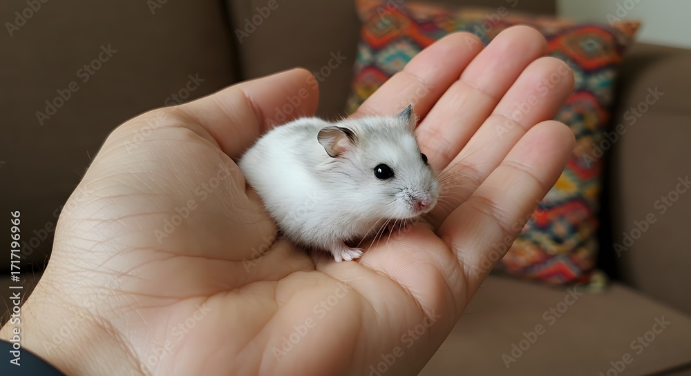 Obraz premium Small white hamster on hand