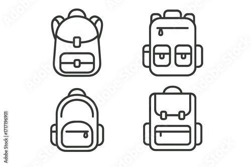 Backpack icon set vector. Collection of rucksack, school bag, knapsack symbols in simple outline style. Linear pictogram for travel, education, hiking, tourism, and sport.