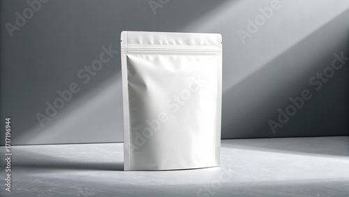 White stand up pouch packaging mockup on gray background for food or product branding
