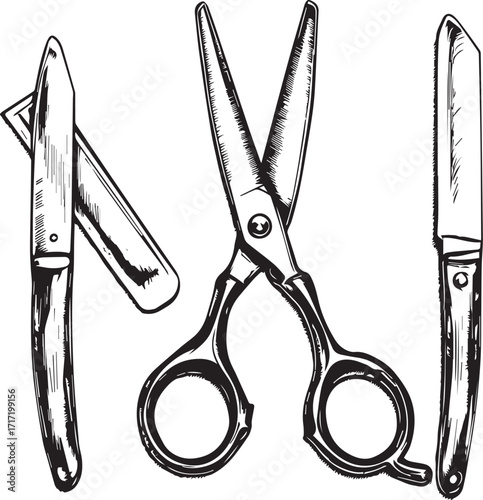 Scissors and Knife for Barbershop: A detailed monochrome illustration featuring sharp scissors and knife, emblematic of precision craftsmanship, style, and the art of barbering.