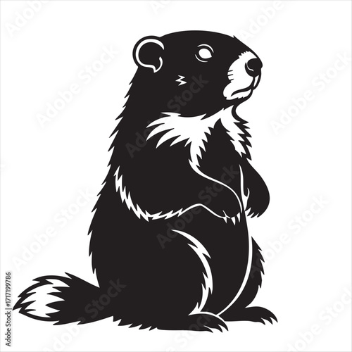 Cute groundhog standing upright looking alert in a silhouette style silhouette