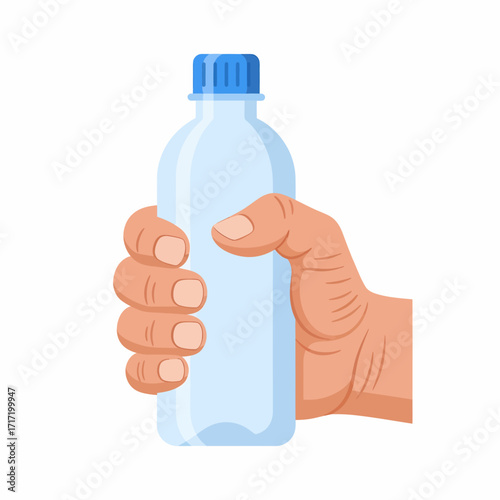 A hand firmly gripping a transparent plastic water bottle with a blue cap, isolated on white.