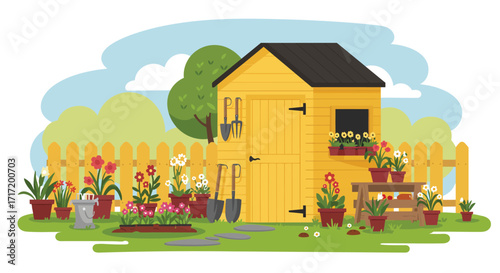 A charming yellow garden shed surrounded by colorful flowers and plants