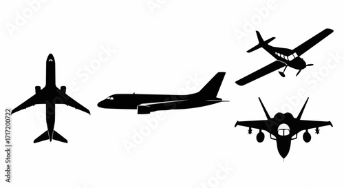 Silhouettes of various aircraft including commercial and military planes, showcasing design variations for aviation enthusiasts and design projects, vector