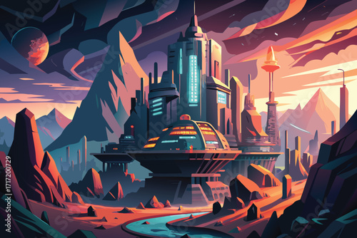 Vector art of futuristic cityscape with towering structures, a river, and a vibrant sky, evoking a sense of wonder and exploration