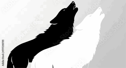 Symbolic black and white wolves howling together, depicting the powerful concept of duality and harmony, reflecting nature's untamed and contrasting spirits