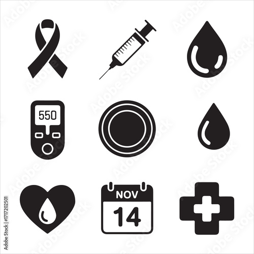  world diabetes day vector art icon pack icon set bandle banner silhouetee balck and white backgrount