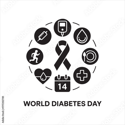  world diabetes day vector art icon pack icon set bandle banner silhouetee balck and white backgrount