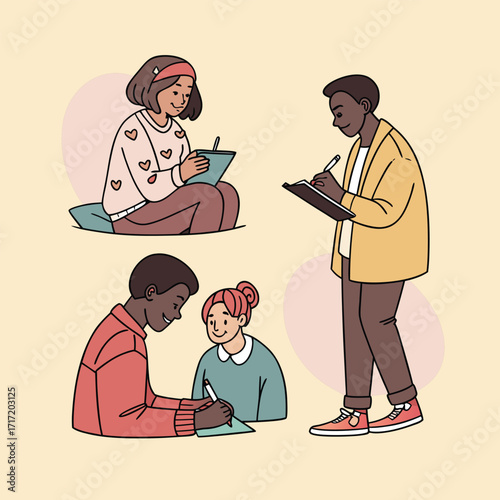 Cartoon vector illustration of a man and woman couple, a family with a boy and a girl child, a business couple, and students sitting at a table in a cafe