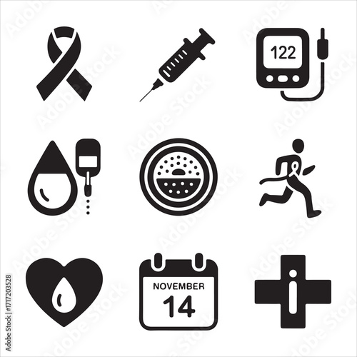  world diabetes day vector art icon pack icon set bandle banner silhouetee balck and white backgrount