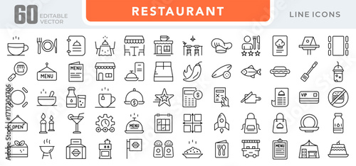 Restaurant linear icon set. Food, drinks, hotel, menu, cooking, kitchen tools, dining, coffee, cocktails, pizza, salad, and catering outline icon pack. UI thin line icon pack