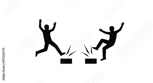 Caution: Watch Your Step - Illustration of Two People Tripping Over Obstacles, Warning Sign, Hazard Awareness, Accident Prevention, Safety First, Pictogram