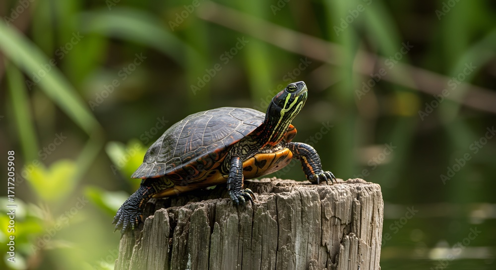 Fototapeta premium Turtle on wooden post