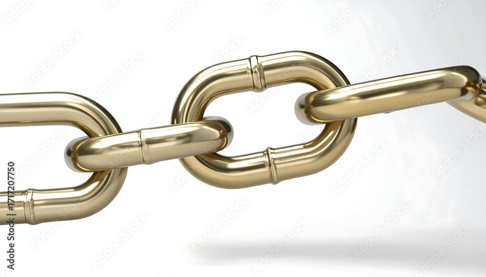 Fototapeta premium Close-up view of a golden chain against a white background. The links are smoothly connected and highly reflective