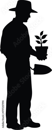 Silhouette of a farmer gardener holding a young plant seedling and a garden trowel vector