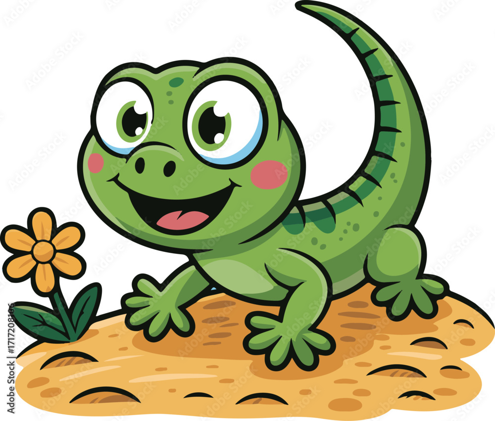 Naklejka premium Cute cartoon green lizard with big eyes and a flower