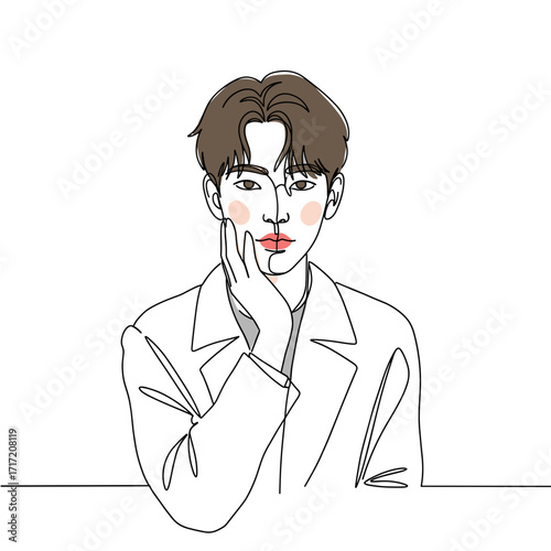 Young man posing thoughtfully with hand on chin in simple line art  