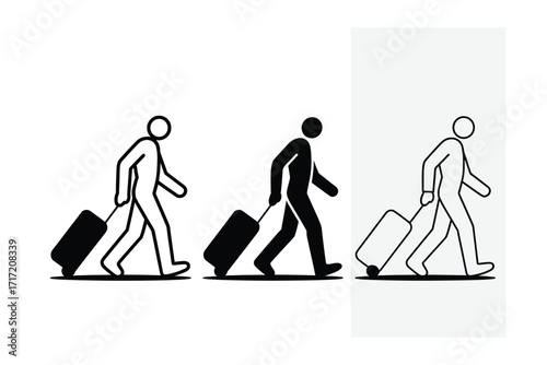 Stylized Travelers Pulling Luggage: Icon Set for Travel, Business, and Transportation Graphics in Vector Format, Representing Journeys and Modern Travel