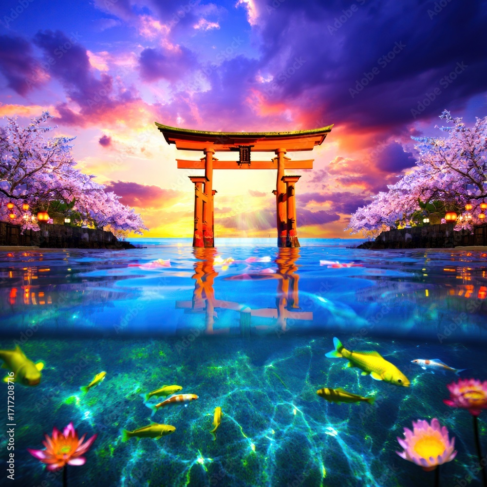 Naklejka premium Serene Japanese Torii Gate and Koi Pond at Sunset