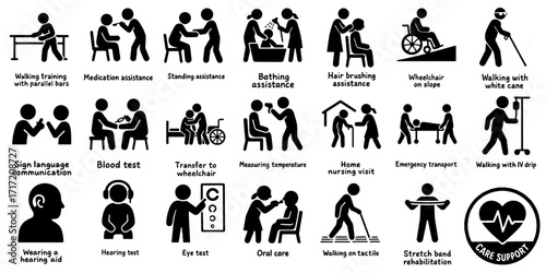 介護・福祉支援のシルエットアイコンセット、Care and Support Silhouette Icon Set
