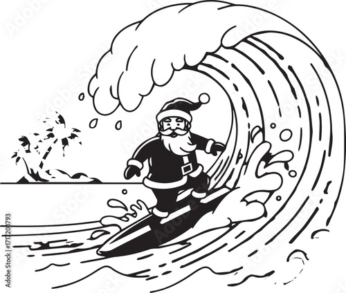 Santa Claus Surfing Near Tropical Island, Black and White Holiday Cartoon with Palm Trees and Wave