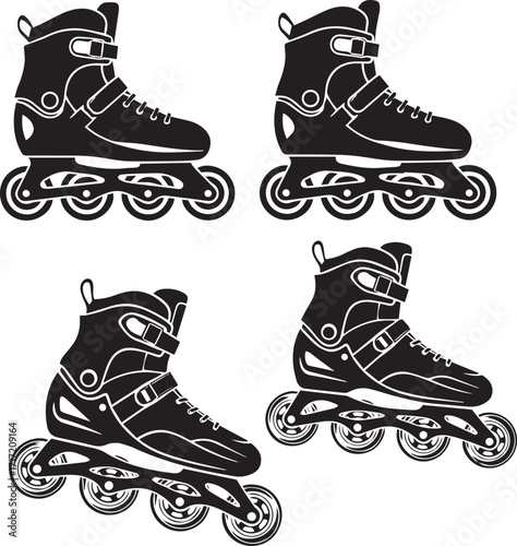 Inline Roller Skate Collection, Black and White Side-View Illustration of Skate Variations