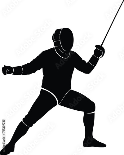 Silhouette of a fencer in action holding a foil sword ready to compete vector