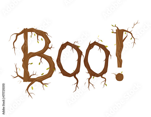 Spooky Halloween greeting, "Boo!" crafted from stylized tree branches and roots isolated on transparent background.