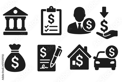 Banking loan icons set. Finance symbols. Mortgage, credit application, investment concept. Money bag, car loan, home buying, contract signing. Vector glyph silhouette pictograms.