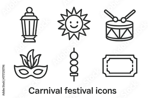 Carnival festival icons collection in linear design. Vector line art set with lantern, sun, drum, masquerade mask, food skewer, and event ticket for a celebration or party.