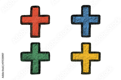 Hand-drawn plus sign collection. Crayon charcoal texture doodle set. Colorful vector cross symbols. Math, medical or positive icons. Red, blue, green, yellow elements.