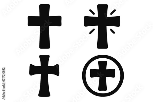 Christian cross icon set vector. Black silhouette collection of religious symbols. Graphic faith sign for church design. Spirituality and Christianity element. Jesus, God, crucifix concept.