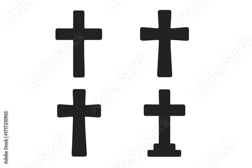 Christian cross silhouette set. Religion faith symbol. Christianity, Jesus, God concept. Holy crucifix vector icon collection. Easter, church, spiritual graphic. Grave cross.