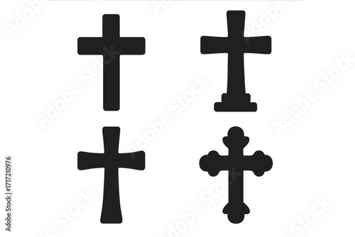 Christian cross vector icon set. Black silhouette collection of different religious faith symbols. Latin, orthodox, and decorative crucifix shapes for church concepts.