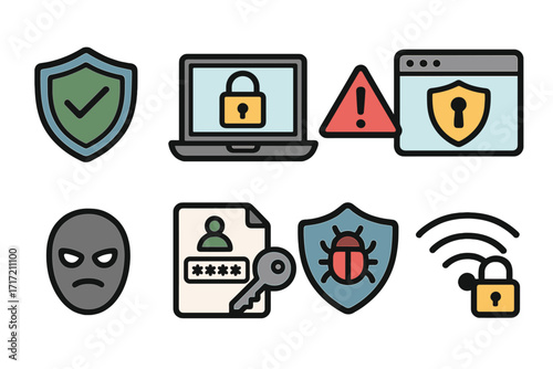 Cybersecurity icon set for online safety and data protection. Vector concepts of internet security, password access, network firewall, virus, malware, and hacker threat.