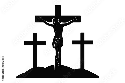 Calvary silhouette with three crosses. Crucifixion of Jesus Christ on the cross icon. Christian religious symbol of sacrifice, Golgotha. Easter, Good Friday vector illustration.