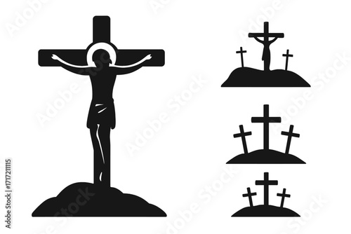 Set of Calvary icons. Crucifixion of Jesus Christ on the cross. Golgotha hill silhouette. Religious symbol of Christianity, sacrifice, and salvation for Easter and Good Friday.