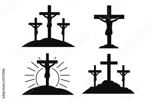 Crucifixion of Jesus Christ icon set. Calvary hill silhouette with three crosses. Religious symbol for Easter and Good Friday. Christian faith, sacrifice, and salvation concept vector.