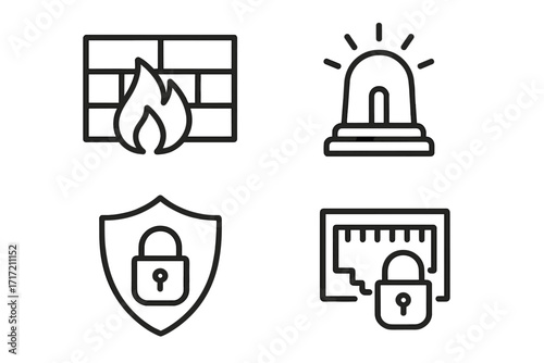 Cybersecurity linear icon set. Firewall, intrusion alarm, secure connection and vpn shield. Network protection and data safety concepts. Vector outline pictogram collection.
