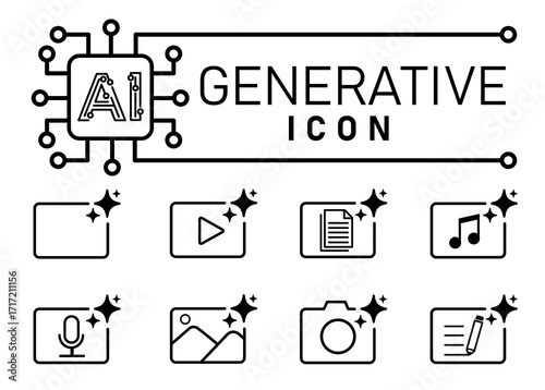 Set Generative AI Icons, AI transforms prompts into media—video, music, image, and text.