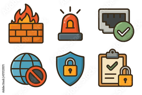 Cybersecurity vector icon set. Firewall, intrusion alarm, vpn, secure port, blocked ip, and access policy symbols. Network data protection and internet safety concept.