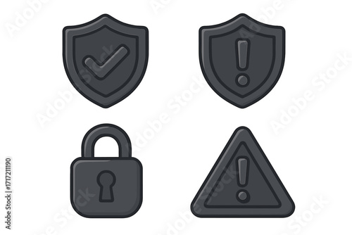 Black security icon set with shield, lock, alert symbols. Vector cartoon for cybersecurity, data protection, safety, privacy. Check mark, exclamation point. Web graphics element.