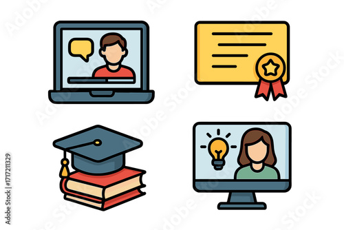 Online education icon set. E-learning, webinar, and distance course concept. Virtual training and knowledge. Graduation cap, diploma certificate. Vector cartoon illustration.