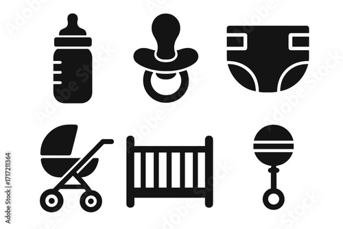 Baby icon collection. Vector silhouette set of essential newborn items. Flat glyphs of bottle, pacifier, diaper, stroller, crib, rattle. Parenting and childcare symbols.