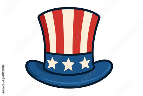 Patriotic USA Uncle Sam top hat vector icon. American flag stars and stripes graphic for 4th of July celebration. National symbol for Independence Day and American pride.