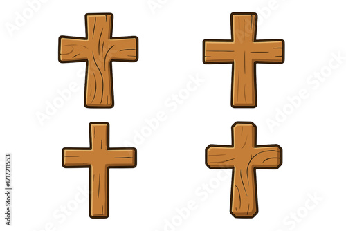 Wooden cross vector icon set. Christian religious symbol of faith. Cartoon crucifix illustration. Easter, church, bible, spirituality concept. Holy wood graphic element collection.
