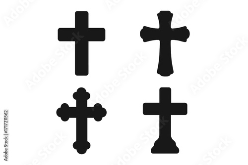 Christian cross silhouette set. Collection of religious symbols. Black crucifix icons isolated. Graphic element for Easter, faith, and church design. Vector spirituality sign.