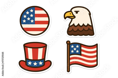 USA patriotic sticker set. American national symbols collection. Flat cartoon vector illustration. Bald eagle head, flag, and Uncle Sam hat icons for 4th of July.