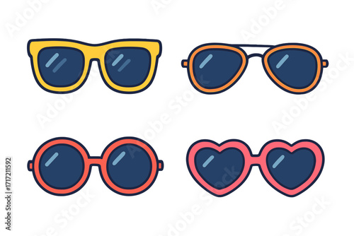 Vector sunglasses icon set. Retro and modern eyewear collection in flat cartoon style. Includes heart shaped, round, and classic hipster glasses. Summer fashion accessory.